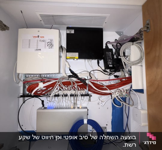 ארון תקשורת עם כבלים וציוד רשת